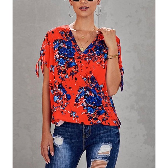 Red Floral Tie-Sleeve Surplice Top - Picture 4 of 5